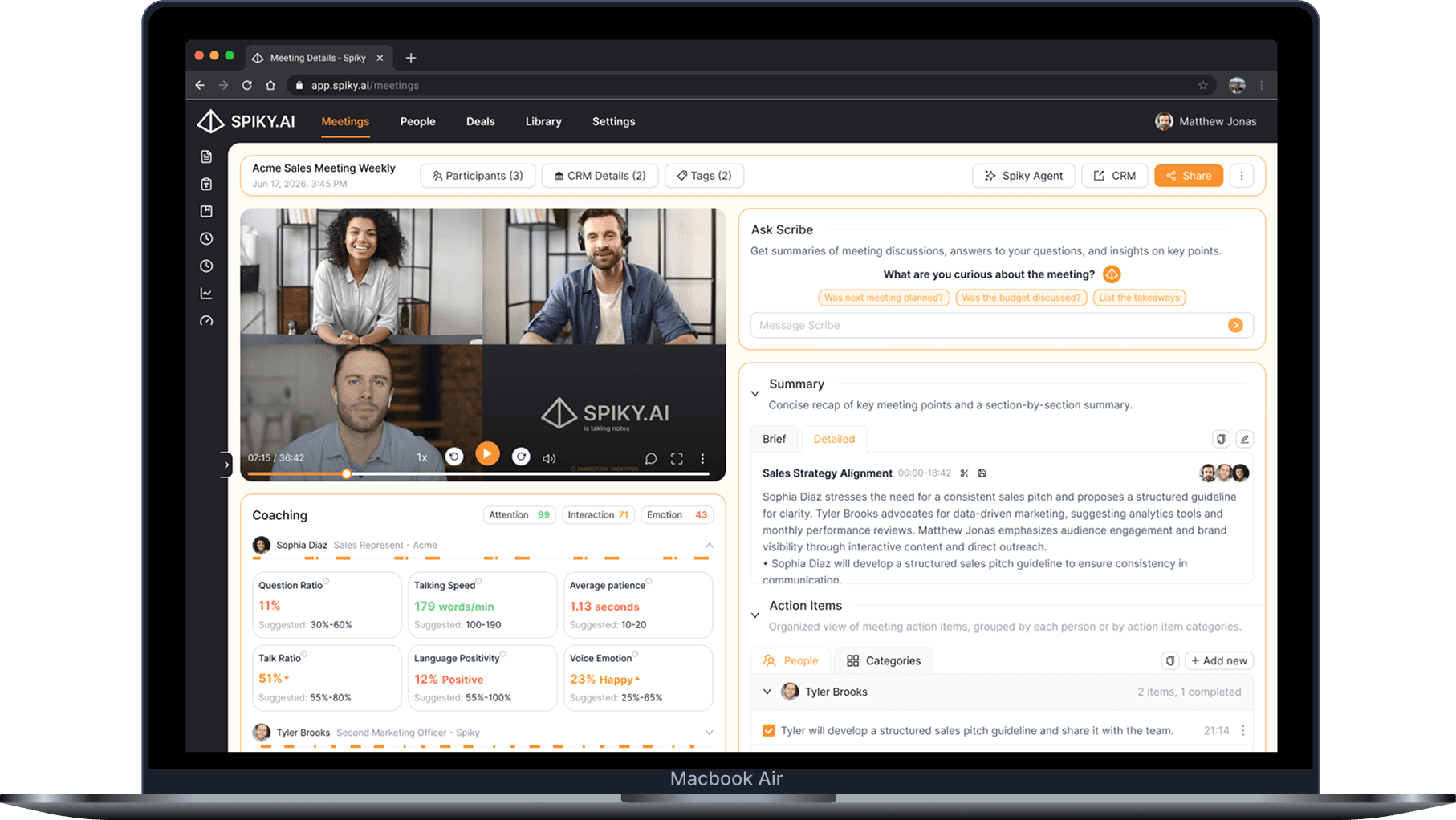 The same meeting open in Pulse, with coaching metrics, Ask Scribe and the full summary