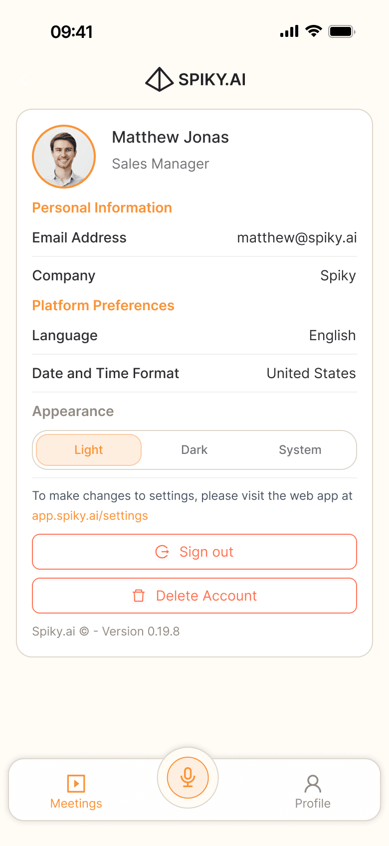 Account and appearance settings in the Spiky app